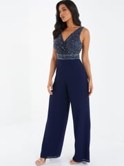 Quiz Navy Blue Sequin Chiffon Wrap Palazzo Jumpsuit - Image 3 of 5