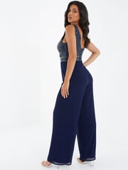 Quiz Navy Blue Sequin Chiffon Wrap Palazzo Jumpsuit - Image 4 of 5
