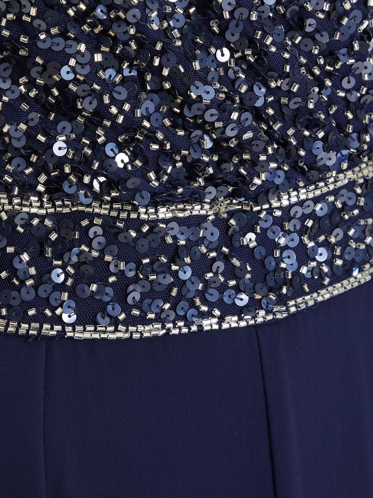 Quiz Navy Blue Sequin Chiffon Wrap Palazzo Jumpsuit - Image 5 of 5