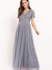 Maya Blue V Neck Short Sleeve Sequin Maxi Dress - Image 1 of 4