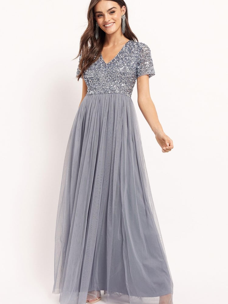 Maya Blue Petite V Neck Short Sleeve Sequin Maxi Dress - Image 1 of 4 Maya Blue Petite V Neck Short Sleeve Sequin Maxi Dress - Image 1 of 4