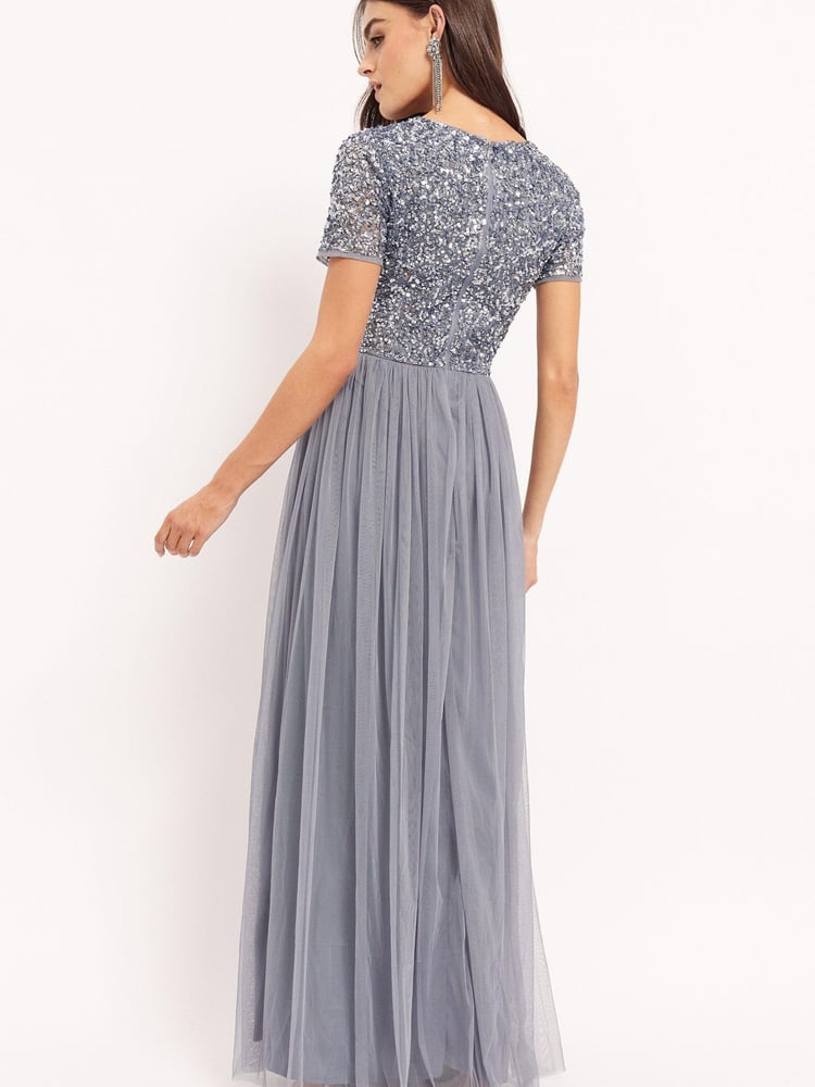 Maya Blue Petite V Neck Short Sleeve Sequin Maxi Dress - Image 2 of 4 Maya Blue Petite V Neck Short Sleeve Sequin Maxi Dress - Image 2 of 4