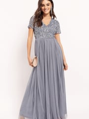 Maya Blue Petite V Neck Short Sleeve Sequin Maxi Dress - Image 3 of 4