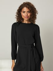 Lipsy Black Long Sleeve Round Neck Tie Waist Shift Dress - Image 1 of 4