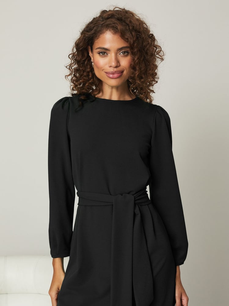 Lipsy Black Long Sleeve Round Neck Tie Waist Shift Dress - Image 1 of 4