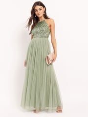 Maya Sage Green Halterneck Delicate Sequin Maxi Dress - Image 1 of 4