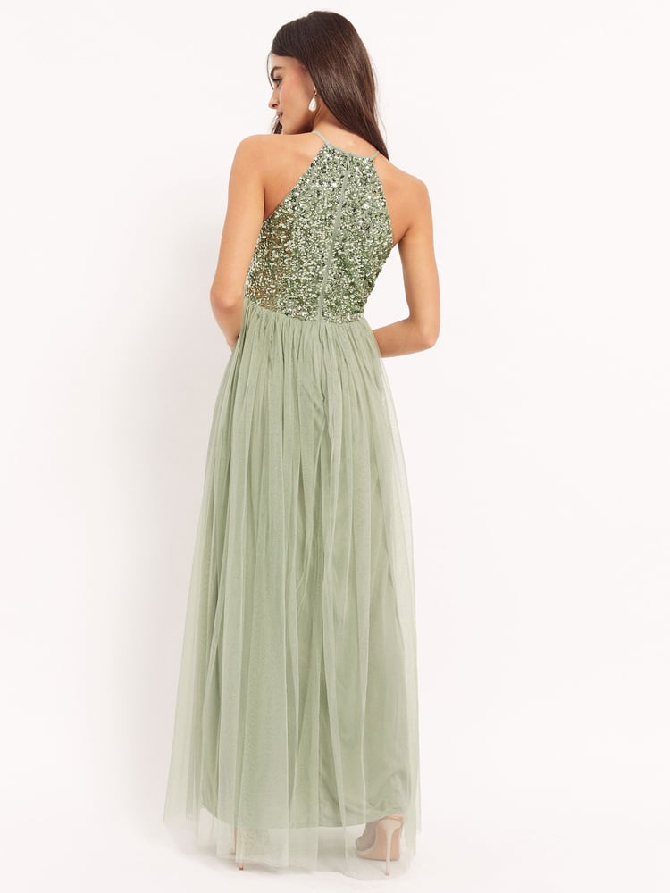 Maya Sage Green Halterneck Delicate Sequin Maxi Dress - Image 2 of 4