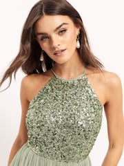Maya Sage Green Halterneck Delicate Sequin Maxi Dress - Image 4 of 4