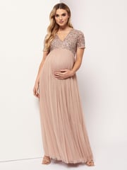 Maya Pink Maternity Delicate Sequin Cap Sleeve Maxi Dress - Image 1 of 7