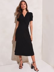 Lipsy Black Jersey Short Ruched Sleeve Knot Side Midi Dress - Image 1 of 4
