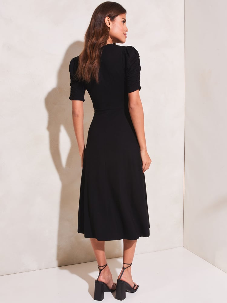 Lipsy Black Jersey Short Ruched Sleeve Knot Side Midi Dress - Image 2 of 4 Lipsy Black Jersey Short Ruched Sleeve Knot Side Midi Dress - Image 2 of 4