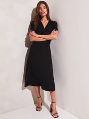 Lipsy Black Jersey Short Ruched Sleeve Knot Side Midi Dress - Image 3 of 4