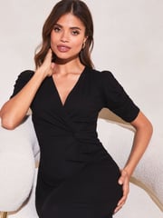 Lipsy Black Jersey Short Ruched Sleeve Knot Side Midi Dress - Image 4 of 4
