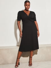 Lipsy Black Curve Jersey Short Ruched Sleeve Knot Side Midi Dress - Image 1 of 4