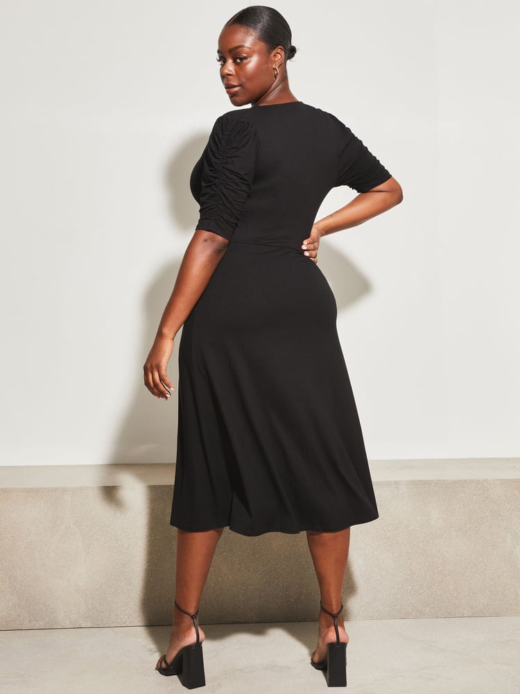 Lipsy Black Curve Jersey Short Ruched Sleeve Knot Side Midi Dress - Image 2 of 4 Lipsy Black Curve Jersey Short Ruched Sleeve Knot Side Midi Dress - Image 2 of 4
