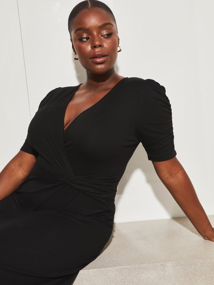 Lipsy Black Curve Jersey Short Ruched Sleeve Knot Side Midi Dress - Image 4 of 4 Lipsy Black Curve Jersey Short Ruched Sleeve Knot Side Midi Dress - Image 4 of 4