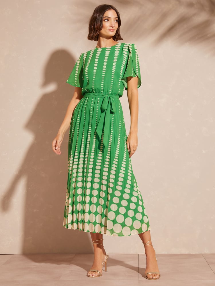 Love & Roses Green Spot Printed Tulip Sleeve Belted Pleated Midi Summer Dress - Image 1 of 4 Love & Roses Green Spot Printed Tulip Sleeve Belted Pleated Midi Summer Dress - Image 1 of 4