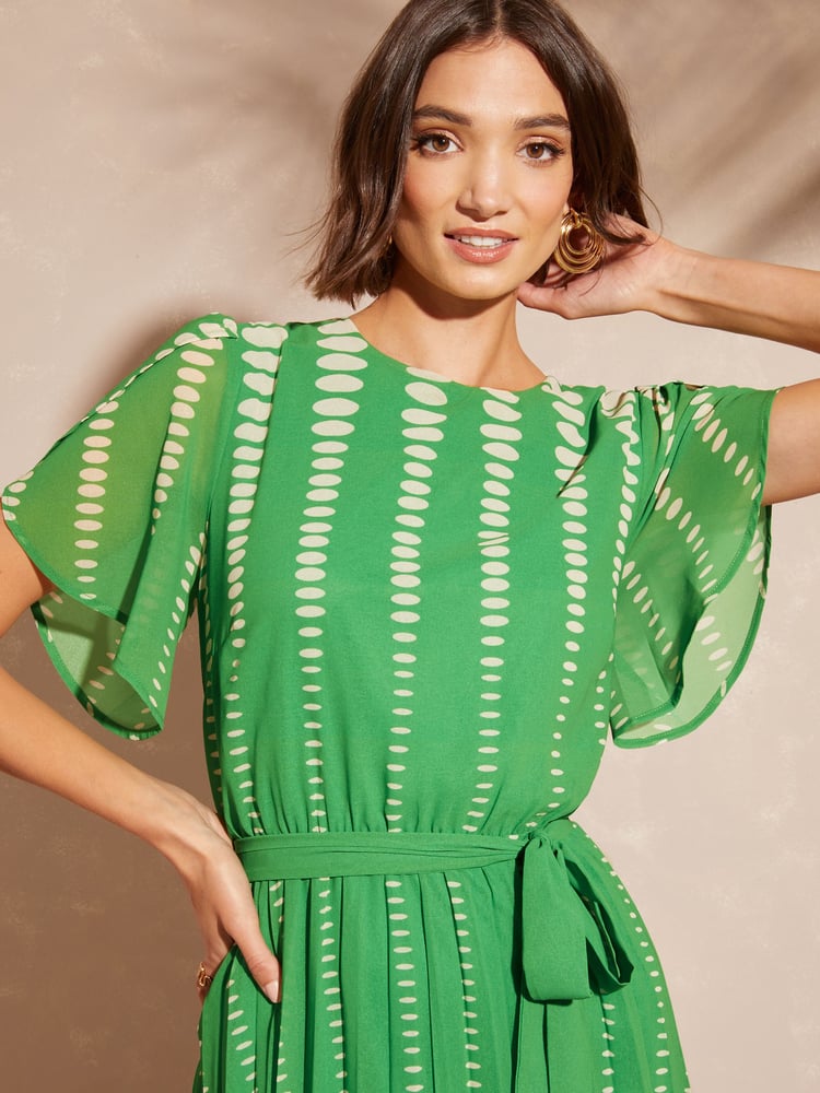 Love & Roses Green Spot Printed Tulip Sleeve Belted Pleated Midi Summer Dress - Image 2 of 4 Love & Roses Green Spot Printed Tulip Sleeve Belted Pleated Midi Summer Dress - Image 2 of 4
