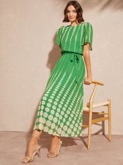 Love & Roses Green Spot Printed Tulip Sleeve Belted Pleated Midi Summer Dress - Image 4 of 4