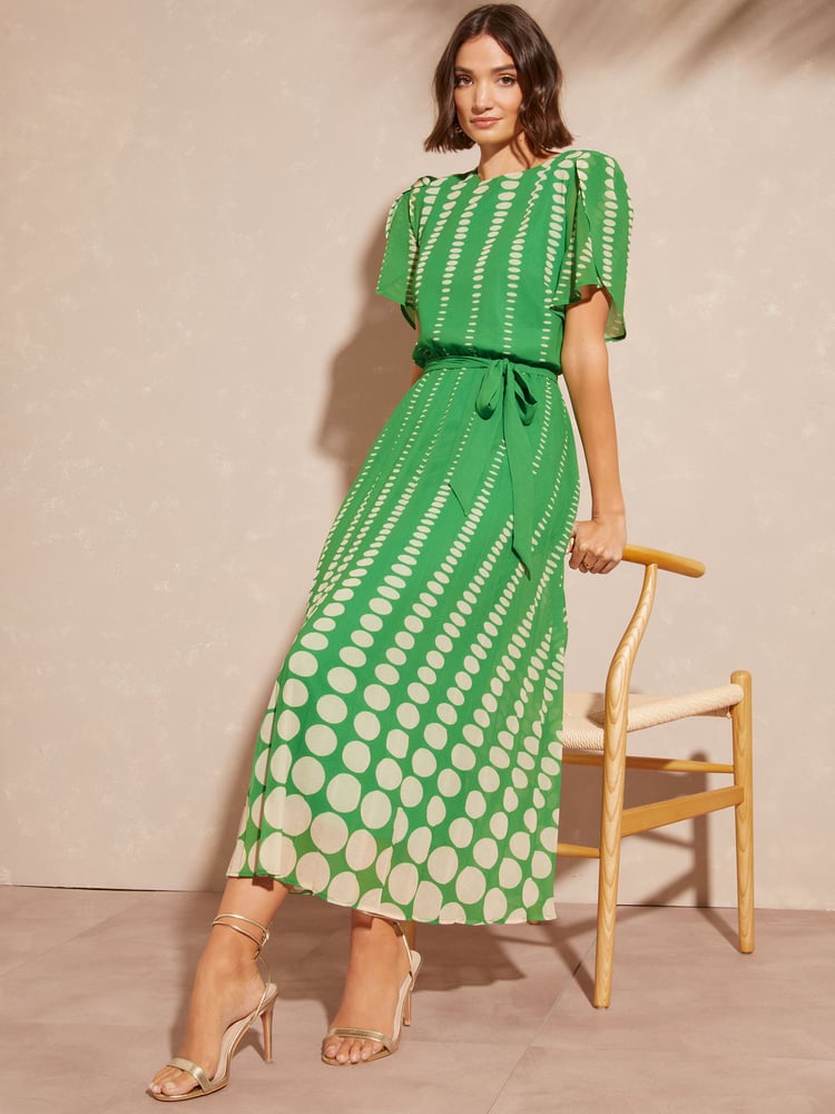 Love & Roses Green Spot Printed Tulip Sleeve Belted Pleated Midi Summer Dress - Image 4 of 4 Love & Roses Green Spot Printed Tulip Sleeve Belted Pleated Midi Summer Dress - Image 4 of 4