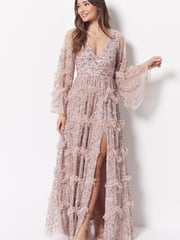 Maya Light Pink Premium Embellished Long Sleeve V-Neck Split Maxi Dress - Image 1 of 4