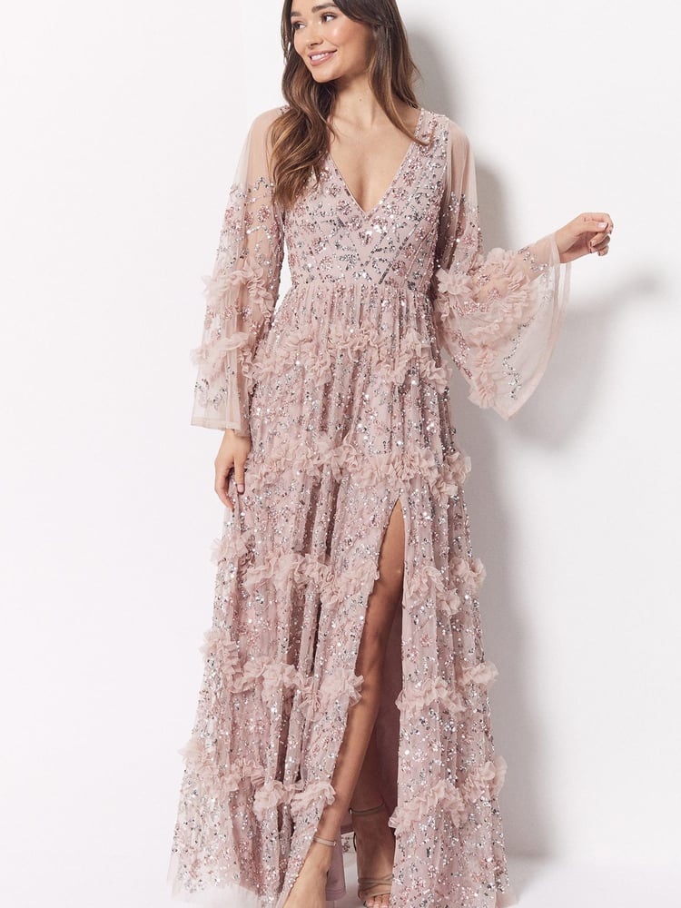 Maya Light Pink Premium Embellished Long Sleeve V-Neck Split Maxi Dress - Image 1 of 4 Maya Light Pink Premium Embellished Long Sleeve V-Neck Split Maxi Dress - Image 1 of 4