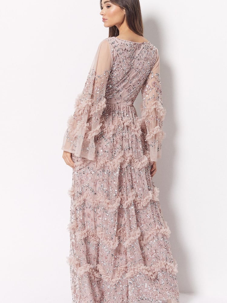 Maya Light Pink Premium Embellished Long Sleeve V-Neck Split Maxi Dress - Image 2 of 4 Maya Light Pink Premium Embellished Long Sleeve V-Neck Split Maxi Dress - Image 2 of 4