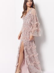 Maya Light Pink Premium Embellished Long Sleeve V-Neck Split Maxi Dress - Image 3 of 4