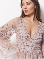 Maya Light Pink Premium Embellished Long Sleeve V-Neck Split Maxi Dress - Image 4 of 4