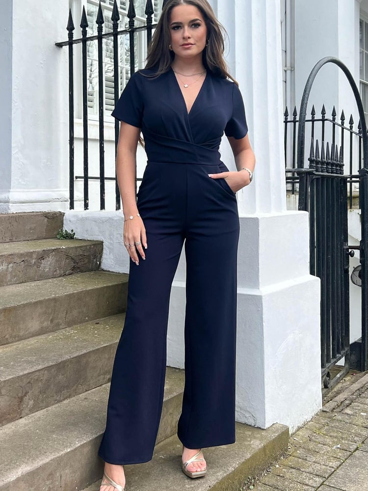 Girl In Mind Blue Wrap Over Slim Fit Jumpsuit - Image 1 of 4