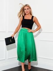 Girl In Mind Green Satin Pleated Midi Skirt - Image 1 of 2