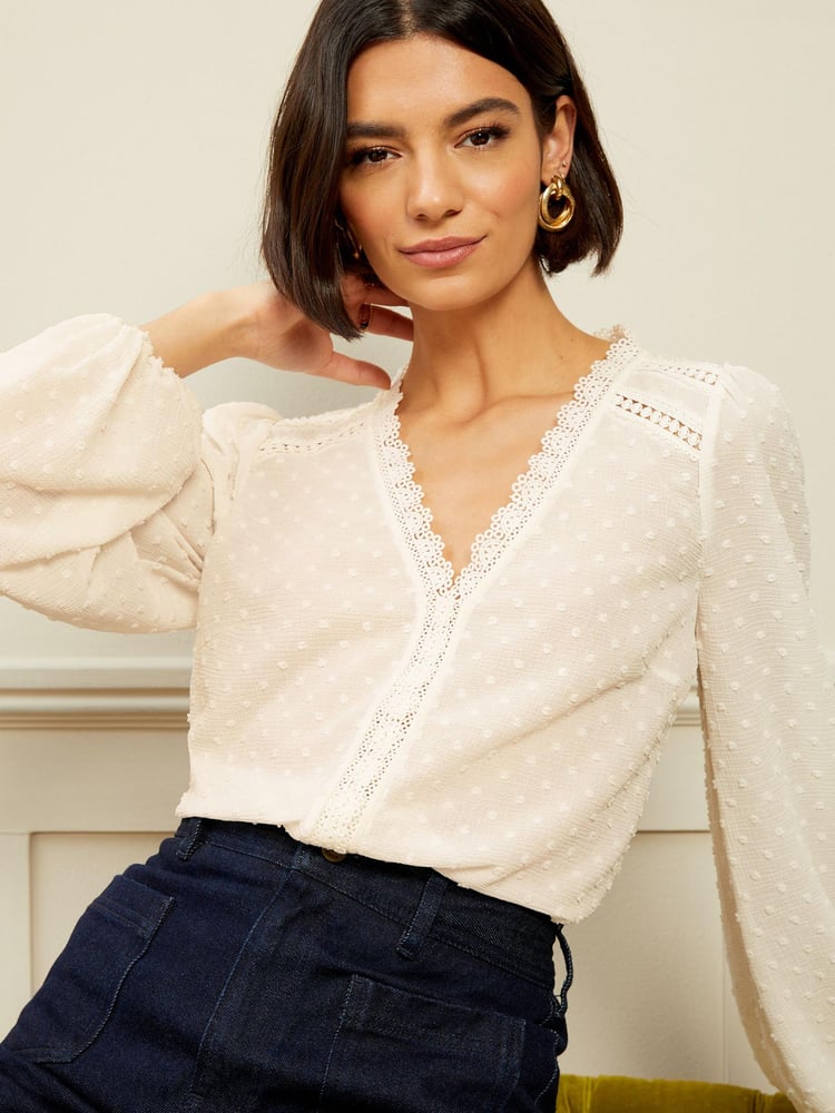 Love & Roses Ivory V Neck Lace Long Sleeve Lace Trim Dobby Spot Blouse - Image 1 of 4