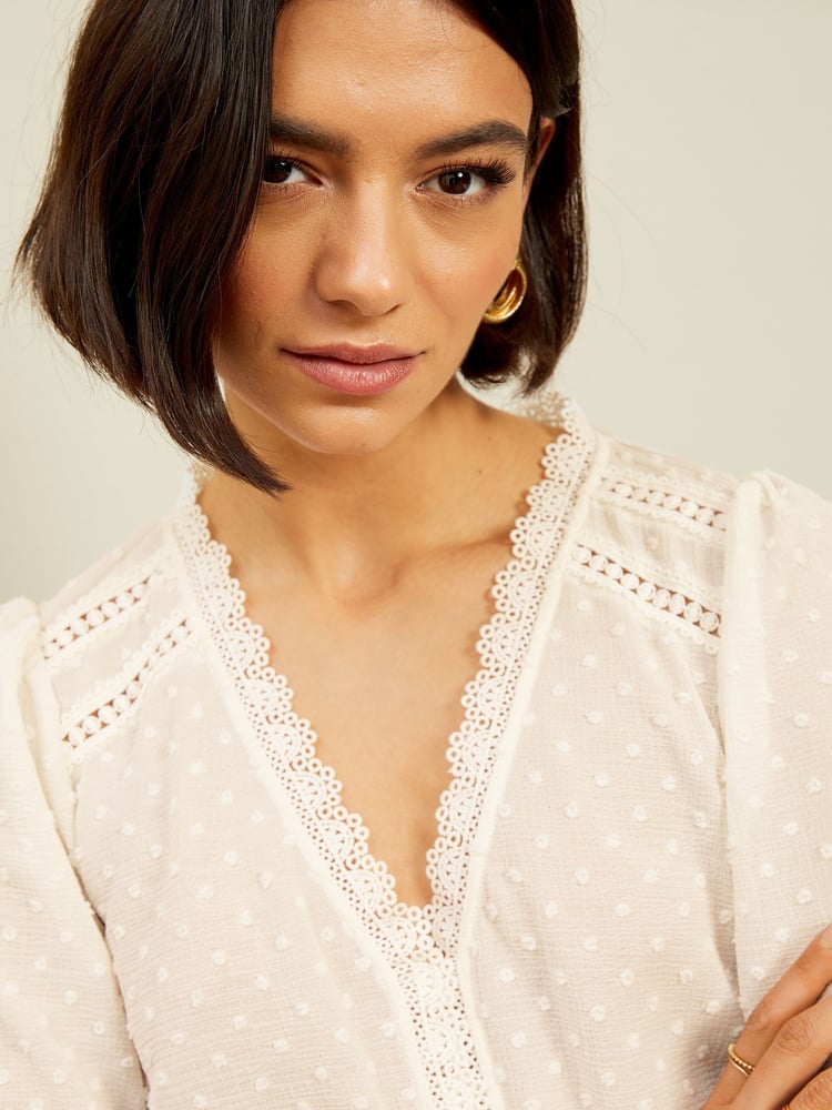 Love & Roses Ivory V Neck Lace Long Sleeve Lace Trim Dobby Spot Blouse - Image 2 of 4
