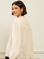 Love & Roses Ivory V Neck Lace Long Sleeve Lace Trim Dobby Spot Blouse - Image 3 of 4