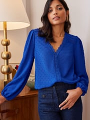 Love & Roses Cobalt Blue V Neck Lace Long Sleeve Lace Trim Dobby Spot Blouse - Image 1 of 4