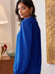 Love & Roses Cobalt Blue V Neck Lace Long Sleeve Lace Trim Dobby Spot Blouse - Image 2 of 4
