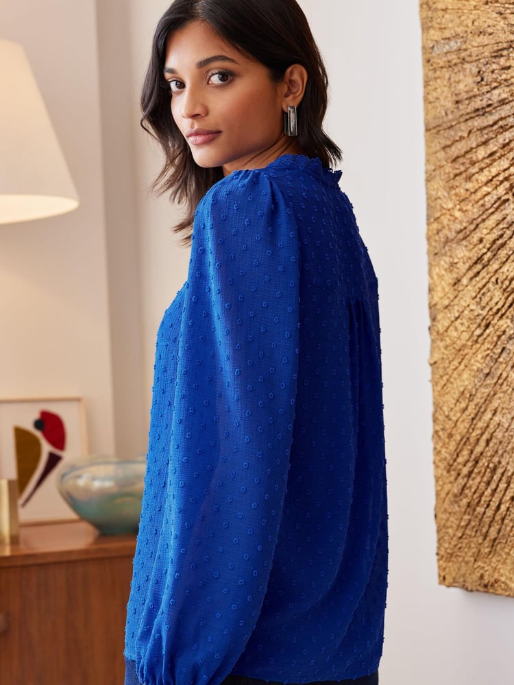 Love & Roses Cobalt Blue V Neck Lace Long Sleeve Lace Trim Dobby Spot Blouse - Image 2 of 4