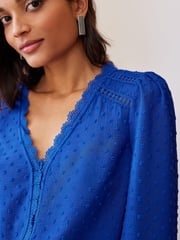 Love & Roses Cobalt Blue V Neck Lace Long Sleeve Lace Trim Dobby Spot Blouse - Image 4 of 4