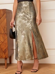 Love & Roses Gold Bias Cut Button Detail Midi Skirt - Image 1 of 4