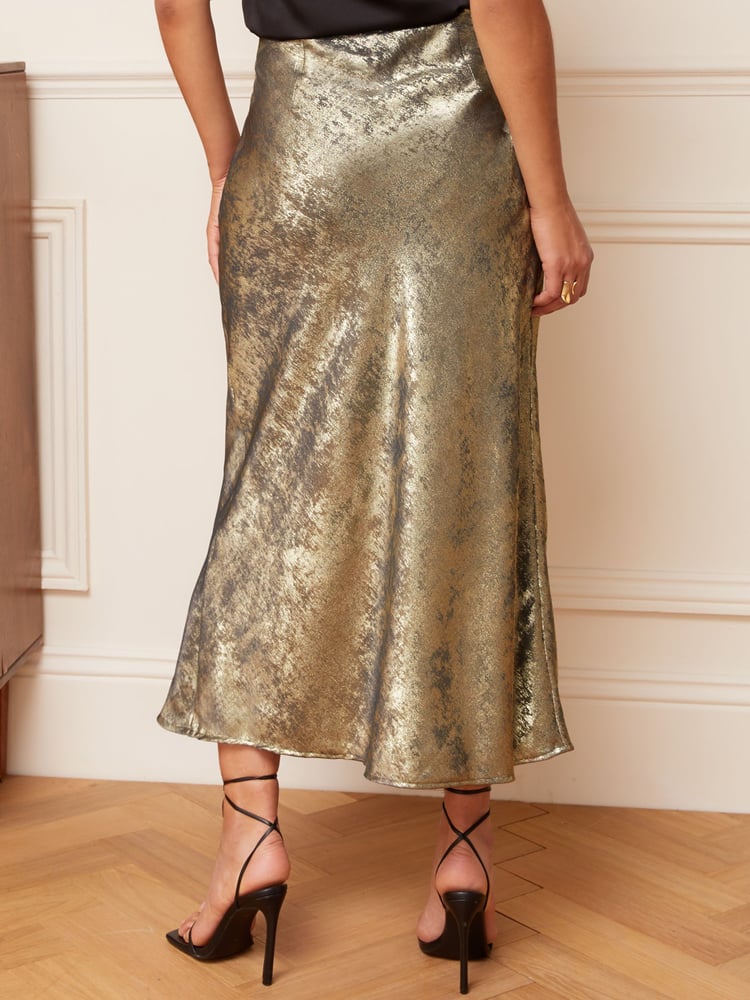 Love & Roses Gold Bias Cut Button Detail Midi Skirt - Image 2 of 4 Love & Roses Gold Bias Cut Button Detail Midi Skirt - Image 2 of 4