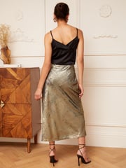 Love & Roses Gold Bias Cut Button Detail Midi Skirt - Image 3 of 4