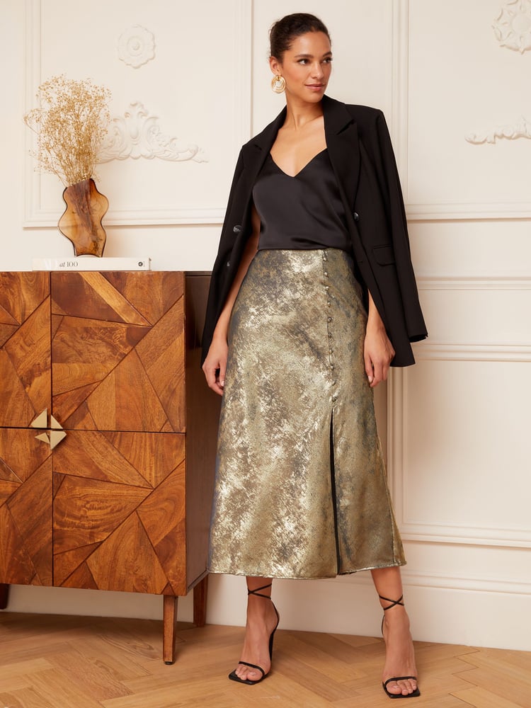 Love & Roses Gold Bias Cut Button Detail Midi Skirt - Image 4 of 4 Love & Roses Gold Bias Cut Button Detail Midi Skirt - Image 4 of 4