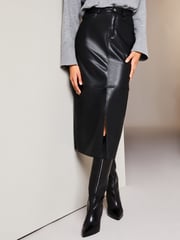 Lipsy Black Faux Leather Split Hem Midi Skirt - Image 1 of 4