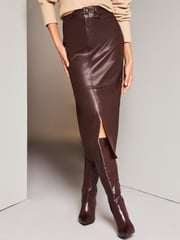 Lipsy Berry Red Faux Leather Split Hem Midi Skirt - Image 1 of 4