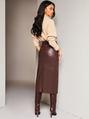 Lipsy Berry Red Faux Leather Split Hem Midi Skirt - Image 2 of 4