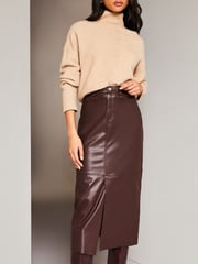 Lipsy Berry Red Faux Leather Split Hem Midi Skirt - Image 4 of 4
