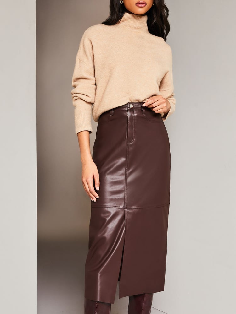 Lipsy Berry Red Faux Leather Split Hem Midi Skirt - Image 4 of 4