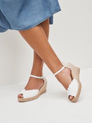 White Scallop Peep Toe Wedges - Image 1 of 8