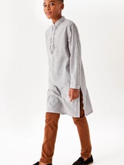 Grey Regular Length Embroidered Boys Kurta (3-16yrs) - Image 1 of 7