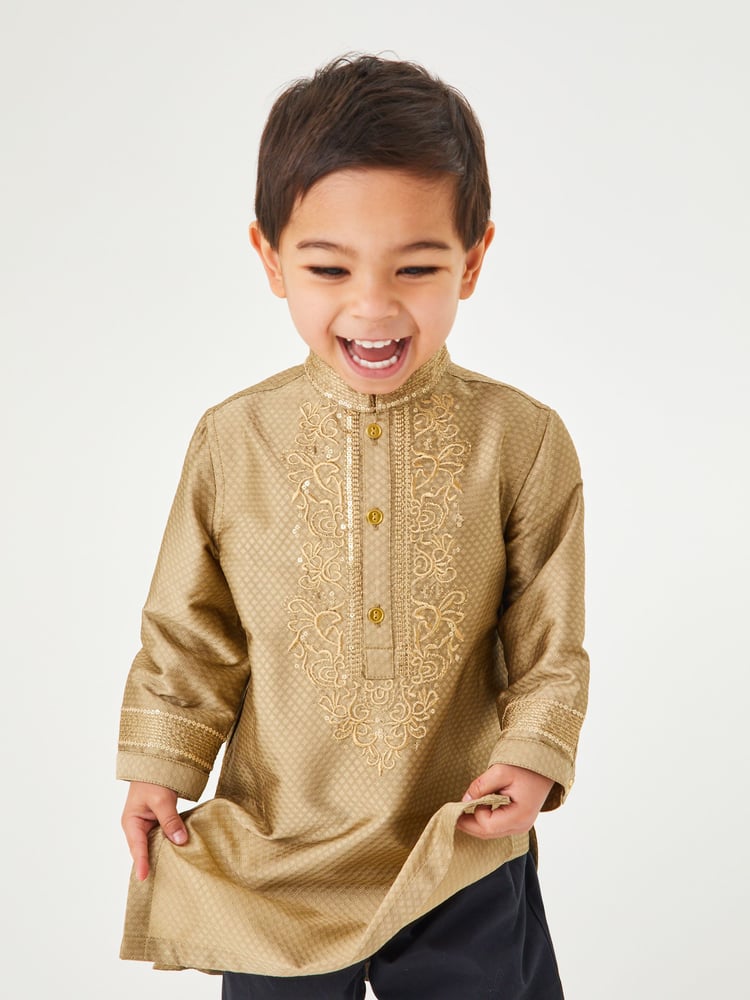 Gold Regular Length Embroidered Boys Kurta (3mths-7yrs) - Image 2 of 5 Gold Regular Length Embroidered Boys Kurta (3mths-7yrs) - Image 2 of 5